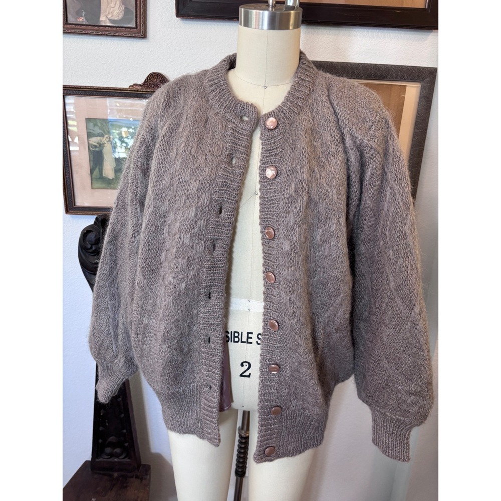 Finebar Vintage 80s Wool Blend Cable Knit Lined Cardigan Sweater Mauve Brown